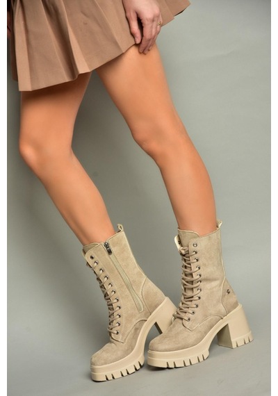 Fox Shoes T973559002 Bej Süet Kalın Topuklu Kadın Postal Bot Bej