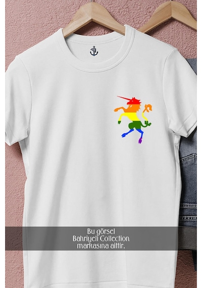 Oversize Lgbt Colors Unicorn Cep Tasarımlı Unisex T-shirt Beyaz