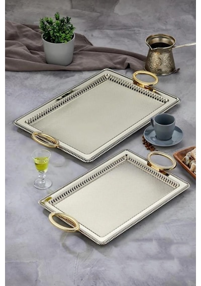 Cooker Ckr3909 Dikdörtgen Gold Kulplu Gümüş Tepsi 2'li