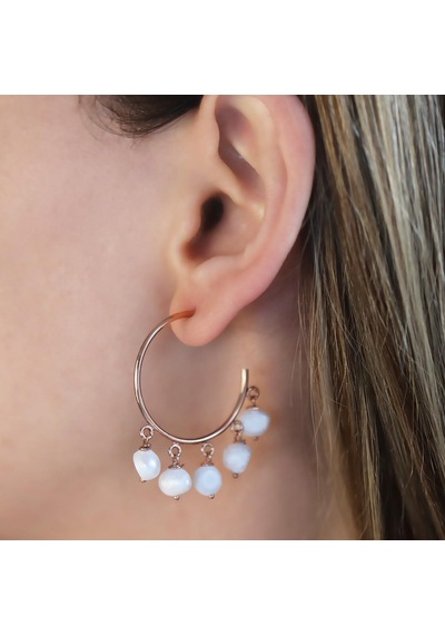Rose Gold Kaplama İnci Halka Gümüş Küpe Gümüş