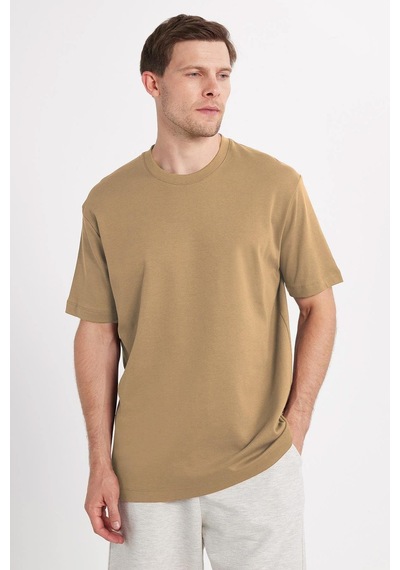 Tudors Unisex Relax Fit Rahat Kesim %100 Pamuk Yumuşak Dokulu Hafif Kalın Bej Bisiklet Yaka Tişört-35591 Bej