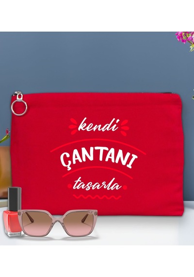 Bk Gift Kişiye Özel Kendin Tasarla Astarlı Portföy Kırmızı Çanta 30x21cm, Baskılı El Çantası, Organizer Çanta