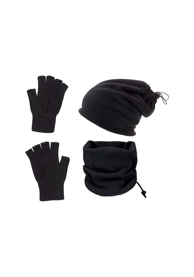 Alfa Polar Bere Ve Boyunluk + Yün Eldiven 3'lü Set Siyah