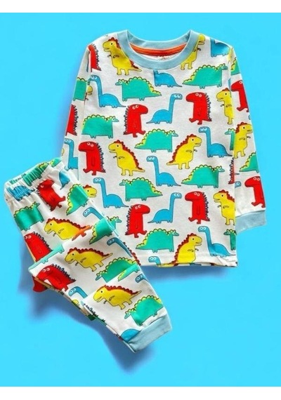 Cantoy Erkek Çocuk Pamuklu Dinazor Baskılı Pijama-15271 Beyaz