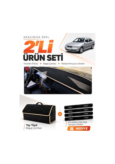 Opel Vectra B 1995-2001 Uyumlu Torpido Örtüsü + Tay Tüyü Bagaj Çantası + Sticker Seti - Siyah Bej