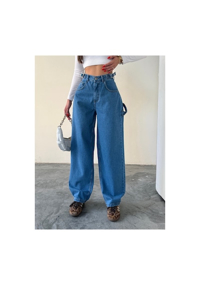 Blue Marlın Yan Kemer Mavi Tokalı Kargo Cep Detaylı Baggy Jeans Mavi