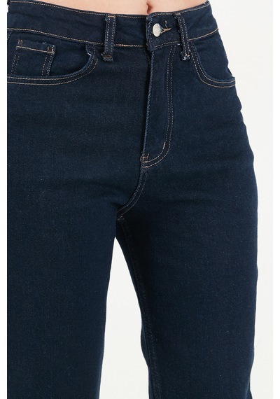 Lela Pamuklu Yüksek Bel Düz Paça Jeans Kadın Kot Pantolon 7031007 Koyu Mavi