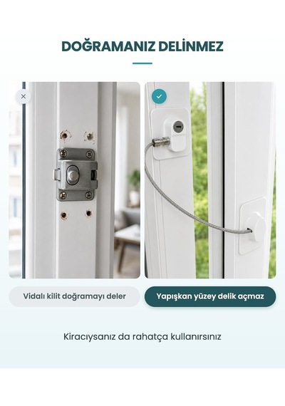 Vidasız Halatlı Pencere Emniyet Kilidi, Anahtarlı Çelik Halatlı Çocuk Güvenlik Kilidi, Yapışkanlı, Beyaz Altın Ve Çok Renkli