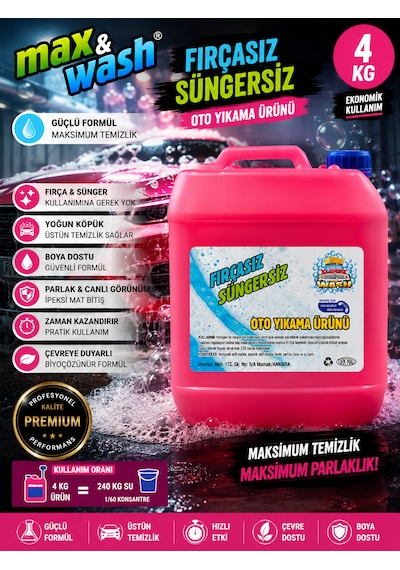 Max&wash 4 Kg Fırçasız Süngersiz Oto Yıkama Şampuanı 1/60 Konsantre Yoğun Köpük Boya Dostu Profesyonel Araç Yıkama Ürünü