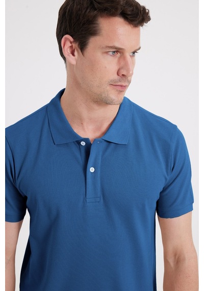 Tudors Erkek Slim Fit Dar Kesim %100 Pamuk Kısa Kollu Polo Yaka Mavi Tişört-50256