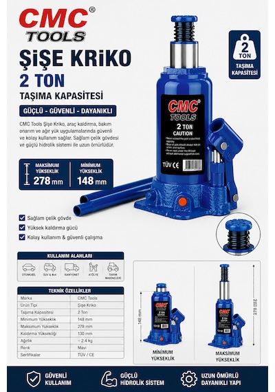Cmc Tools Şişe Kriko 2 Ton Kapasiteli 278-148 Mm Yükseklik Sınırı Cmc8561
