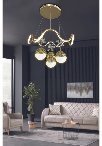 Zikzak 4 Toplu Modern Sarkıt Led Avize - 3 Renk Kumandasız - Gold Gold