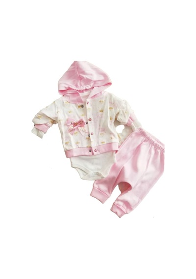 Kız Bebek Kapşonlu Hırkalı Takım 3lü Koyu Pembe -pembe - Beyaz
