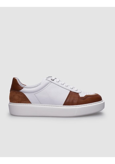 %100 Hakiki Deri Beyaz - Taba Bağcıklı Erkek Sneaker Beyaz