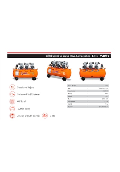 Gap Kompresör Hava Kompresörü Sessiz Ve Yağsız 100 Lt 3 Hp