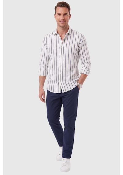Deepsea Erkek %100 Pamuk Slim Fit Dar Kesim Keten Dokulu Çizgili Uzun Kollu Lacivert Gömlek 2600034