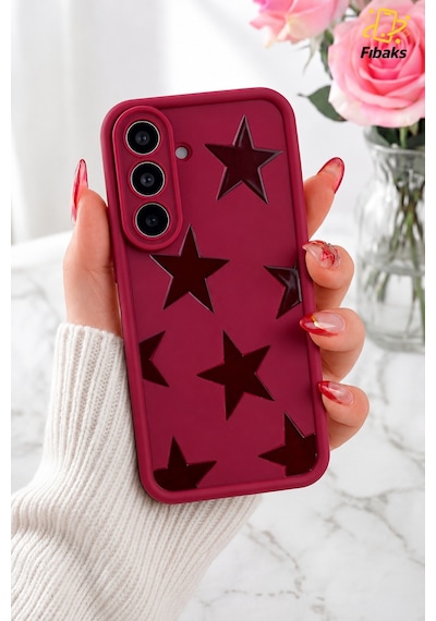 Fibaks Galaxy A37 Uyumlu Kılıf Bordo Yıldız Star Desenli Silikon Darbe Emici Klasik Silikon Kapak
