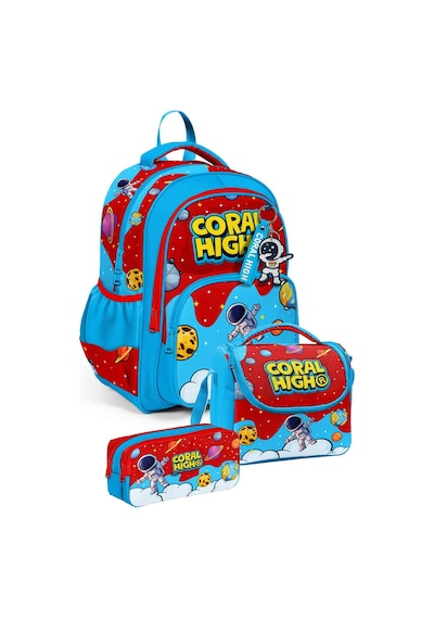 Coral High Üçlü Erkek Çocuk İlkokul Okul Çantası Seti Kırmızı Mavi Astronot Baskılı Setygn33245a Çok Renkli