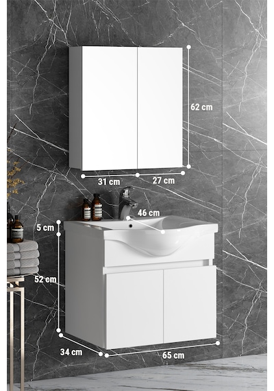 Yıldız 65 Cm Beyaz Mdf Seramik Lavabolu Asma Banyo Dolabı Takımı Beyaz