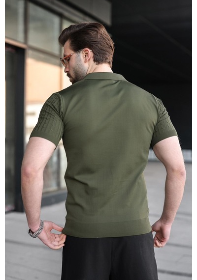 Madmext Haki Slim Fit Polo Yaka Triko Erkek Tişört E7472 Haki