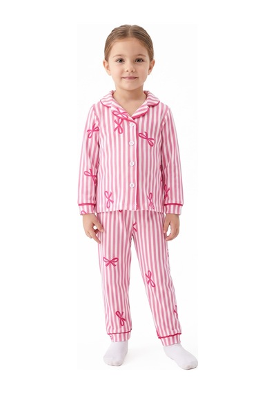 By Bebekodam Kız Bebek Beyaz Pembe Fiyonklu Çizgili Pijama Takımı