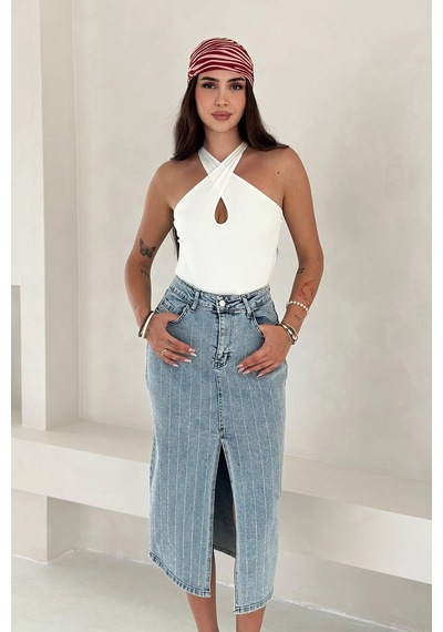 Asprin Fashion Paralel Taşlı Yırtmaçlı Denim Etek Mavi Mavi