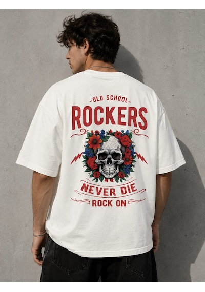 Montree Rockers Baskılı Oversize %100 Pamuk Premium Tişört Beyaz