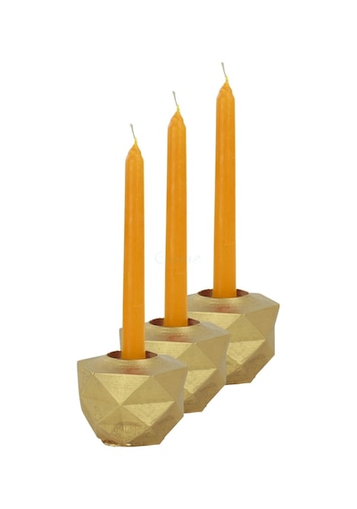 Mumluk Şamdan 3 Adet Tealight Ve İnce Mum Uyumlu Prizma Model - Altın