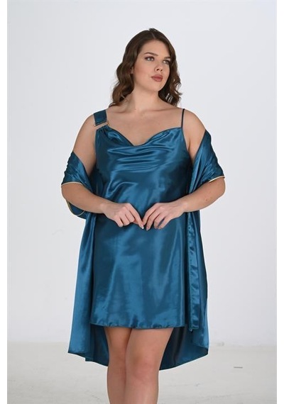 Aria's Closet Büyük Beden 2li Petrol Sabahlık Takımı Bigsize 6206 Petrol
