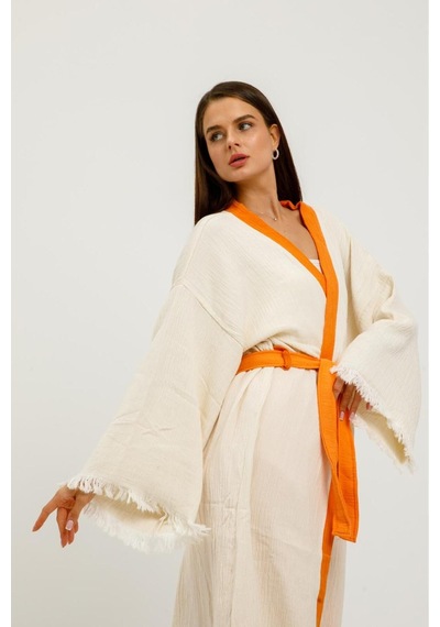 Befera Müslin Kimono Pamuklu Yoga Meditasyon Baskılı Desenli Bornoz Kaftan Sabahlık Ekru