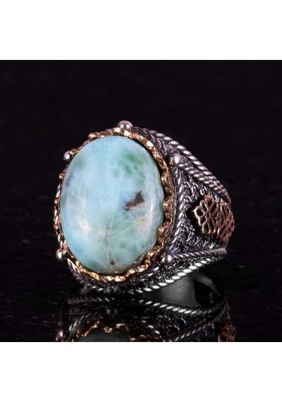 El Yapımı Doğal Larimar Taşı Yüzük, 925 Ayar Saf Gümüş Erkek Yüzüğü, Okyanus Huzuru Tasarımı Gümüş