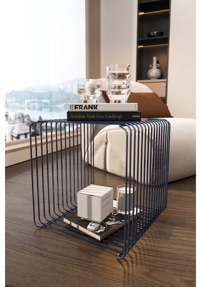 Miami Minimalist Metal Tel Yan Sehpa Modern Küp Yan Sehpa & Modüler Kitaplık Lacivert