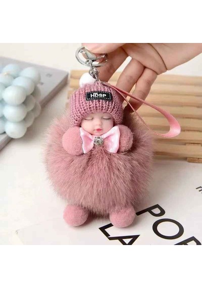 Sevimli Ponpon Uyuyan Bebek Peluş Kadın Kız Araba Çanta Anahtarlık Aksesuar Pudra