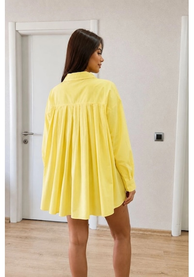 Kadın Oversize Pens Detaylı Cepli Yırtmaçlı Rahat Kalıp Poplin Gömlek - Sarı Çok Renkli Kadın Oversize Pens Detaylı Cepli Yırtmaçlı Rahat Kalıp Poplin Gömlek - Sarı Çok Renkli