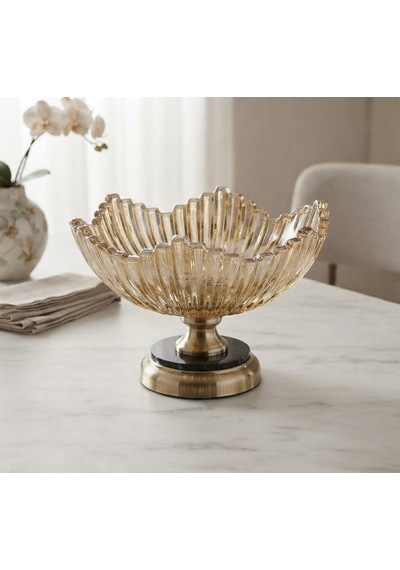 Dekoratif Metal Ayaklı Gold Cam Meyvelik Şekerlik