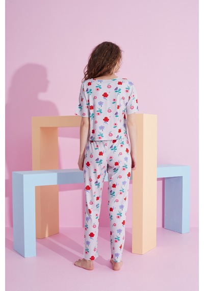 Siyah İnci Likralı Örme Pijama Takım 7802 Gri Çiçek