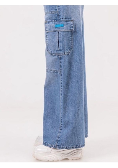 Zekids Kız Çocuk Denim Kargo Bol Paça Pantolon-13788-mavi Mavi