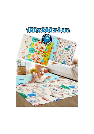 Neşeli Zürafa + Taşıtlar - Katlanabilir Çocuk Oyun Halısı Ekstra Large-180x200x1 CM- Taşıma Çantalı