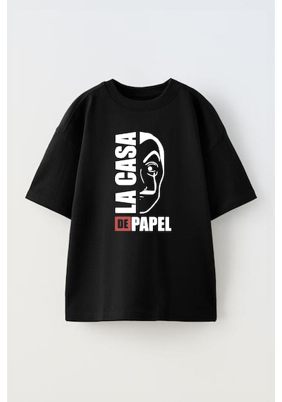 Thewert Unisex La Casa De Papel Mask Tasarım Baskılı Pamuk Sıyah Oversize T-shirt Siyah