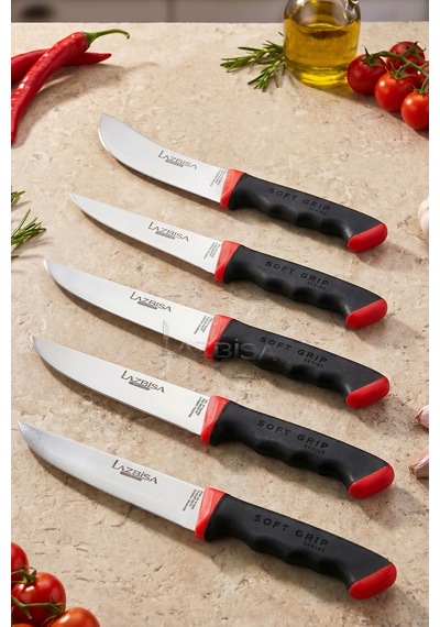 Lazbisa Mtf-784 Soft Grip Mutfak Bıçak Seti Et Ekmek Sebze Bıçağı 5 Li Set Günlük Kullanım Kırmızı - Siyah
