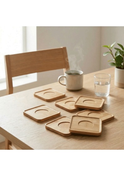 6 Lı Bambu Kare Çay Tabağı Seti 10x10 Cm Doğal Ahşap Görünümlü Servis Tabakları Ahşap