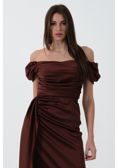 Feminist Kahve Drape Detaylı Saten Kumaş Abiye Elbise 9704858 Kahverengi