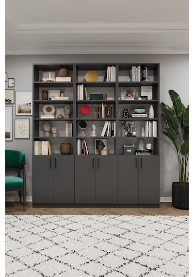 Asra Trend K-57 %100 MDF 180 cm 3 Modüllü Kapaklı Kitaplık Raflı Kütüphane Koyu Gri