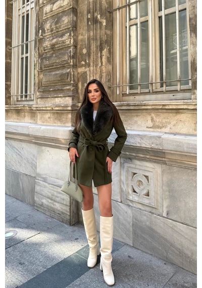 Dip Moda Kadın Kürk Yakalı Kuşaklı Kısa Boy Kaşe Kaban Dpstr1019 Çok Renkli