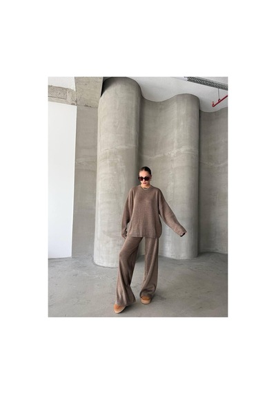 De Pose Oversize Kesim Sade Kadın Triko Takım Bej
