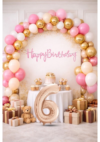 6 Yaş Pompa Hediyeli Doğum Günü Seti Banner Gold Pembe Kum Beji Beyaz Balonlar Rose Gold Rakam Çok Renkli