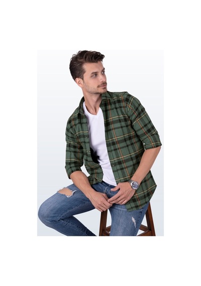 Yeşil Turuncu Çizgili Slimfit Oduncu Gömlek Yeşil