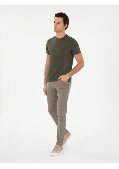 Haki Slim Fit Bisiklet Yaka Merserize Basic T-shirt Yeşil