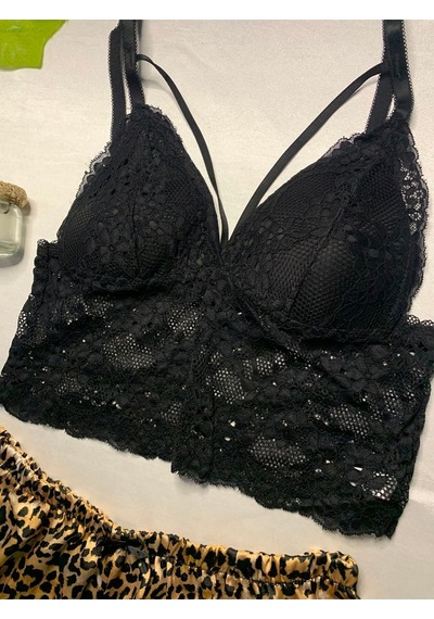 Leopar Desenli Saten Şortlu Bralet Takım Kahverengi