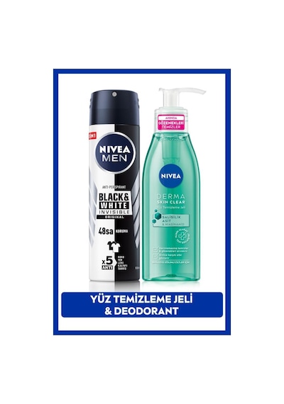 Derma Skin Clear Sivilce Karşıtı Yüz Temizleme Jeli 150 ML + Black & White Erkek Sprey Deodorant 150 ML